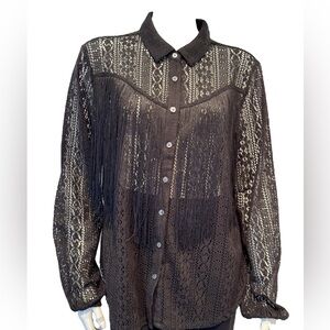 Idyllwind Lace Fringe Button Front Shirt Black Western Top Miranda Lambert Large